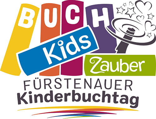 Das BuchKidsZauber -Fürstenauer Kinderbuchtag - Logo zeigt eine Buchreihe in verschiedenen Farben und einen Zauberstarb mit Herzchen und Sternen. Die Schrift ist gut lesbar.