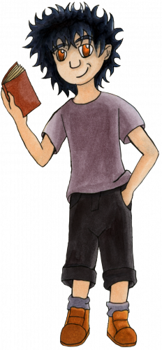 Magus. Ein Junge mit Lockenkopf, der ein Buch in der Hand hält und schelmisch grinsgt. Er trägt ein rotgraues Shirt, eine grauschwarze Shorts, graue Socken und hellbraune Schuhe.